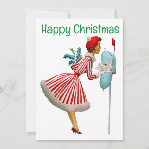 1950 Vintage Christmas woman with gifts Holiday Card