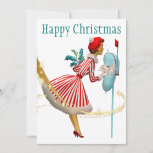 1950 Vintage Christmas woman with gifts Holiday Card