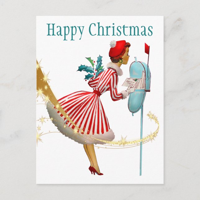 1950 Vintage Christmas woman with gifts Postcard (Front)