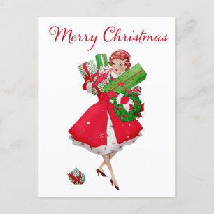 1950 Vintage Christmas woman with gifts Postcard