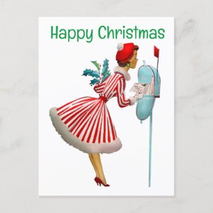 1950 Vintage Christmas woman with gifts Postcard