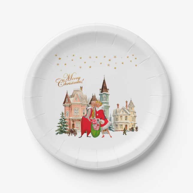 1950 Vintage Couple Merry Christmas Paper Plate (Front)