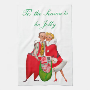 1950 Vintage Couple with Christmas Gift Sack Tea Towel