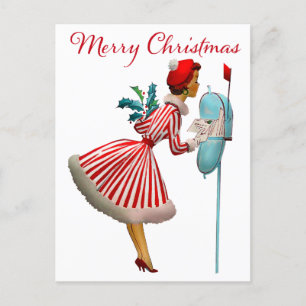 1950 Vintage Lady Checking Christmas Mail Postcard
