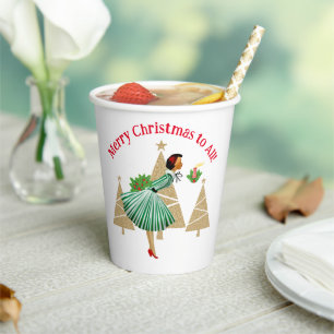 1950 Vintage Lady Christmas Greetings Paper Cups