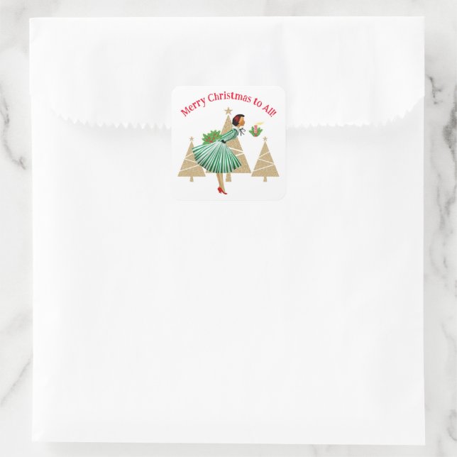1950 Vintage Lady Christmas Greetings Square Sticker (Bag)