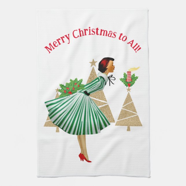1950 Vintage Lady Christmas Greetings Tea Towel (Vertical)