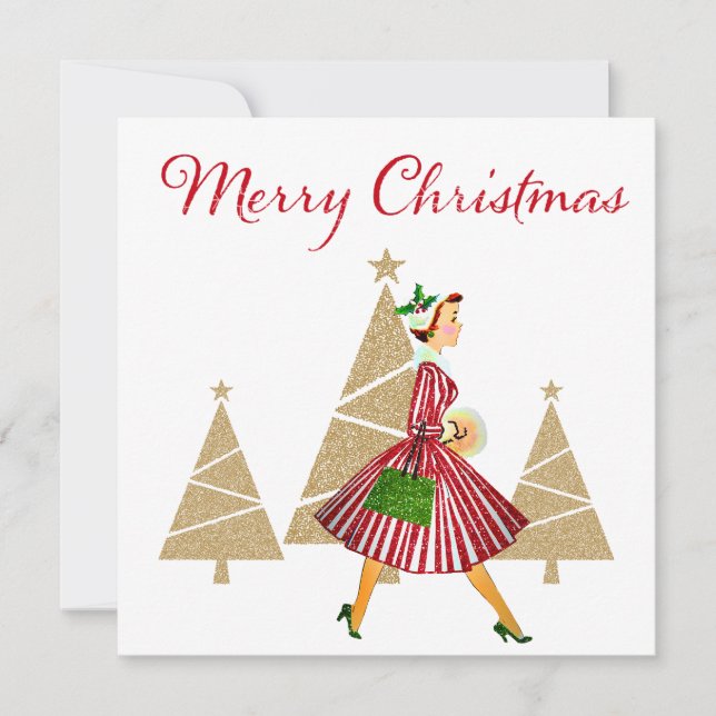 1950 Vintage Lady Christmas Shopping Holiday Card (Front)