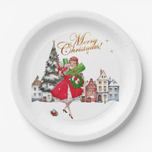 1950 Vintage Lady Christmas Shopping  Paper Plate