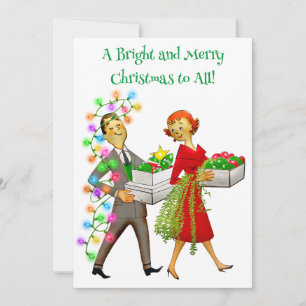 1950 Vintage Lady Decorating Christmas Tree Holiday Card