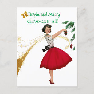 1950 Vintage Lady Decorating Christmas Tree Holiday Postcard