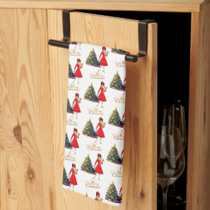 1950 Vintage Lady Merry Christmas Tea Towel