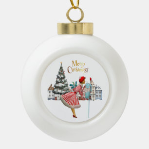 1950 Vintage Lady Posting Christmas Greetings Ceramic Ball Christmas Ornament