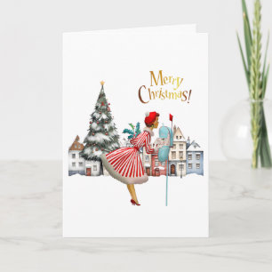 1950 Vintage Lady Posting Merry Christmas Holiday Card