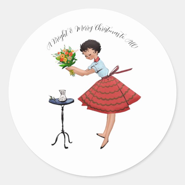 1950 Vintage Lady with Flowers Classic Round Sticker (Front)