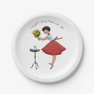 1950 Vintage Lady with Flowers Paper Plate