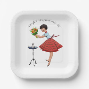 1950 Vintage Lady with Flowers Paper Plate