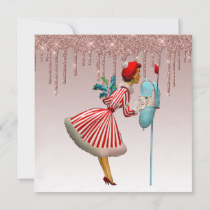 1950 vintage woman rose gold dripping gold holiday card