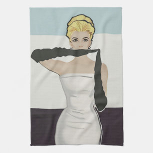 1950 vintage woman with evening gloves tea towel