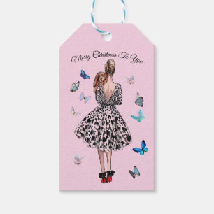 1950 Woman with Butterflies Christmas Greeting Gift Tags