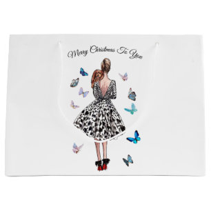 1950 Woman with Butterflies Christmas Greeting Large Gift Bag