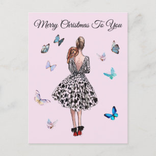 1950 Woman with Butterflies Christmas Greeting Postcard