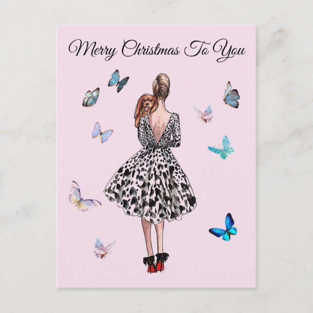 1950 Woman with Butterflies Christmas Greeting Postcard (Front)