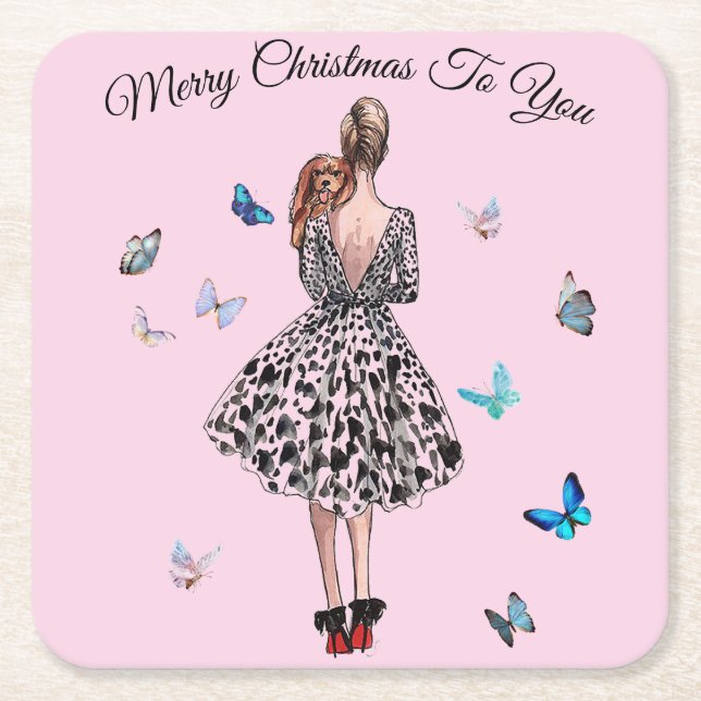 1950 Woman with Butterflies Christmas Greeting Square Paper Coaster (Front)