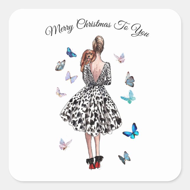 1950 Woman with Butterflies Christmas Greeting Square Sticker (Front)