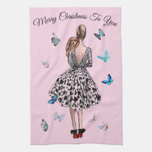 1950 Woman with Butterflies Christmas Greeting Tea Towel