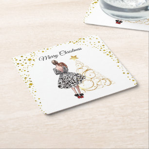1950 Woman with dog gold stars Merry Christmas Square Paper Coaster