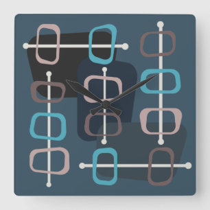 1950s Abstract Art Hollow Rocks Teal Square Wall Clock