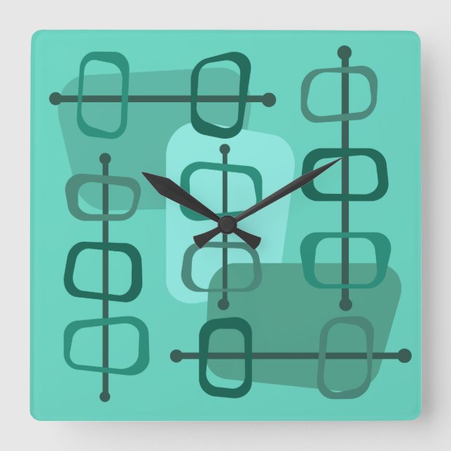 1950s Abstract Art Hollow Rocks Turquoise Square Wall Clock (Front)