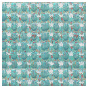 1950's Art Deco Sea Shell Textile Geometric Teal Fabric