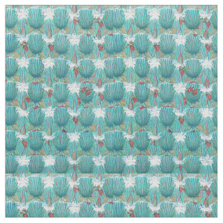 1950's Art Deco Sea Shell Textile Geometric Teal Fabric