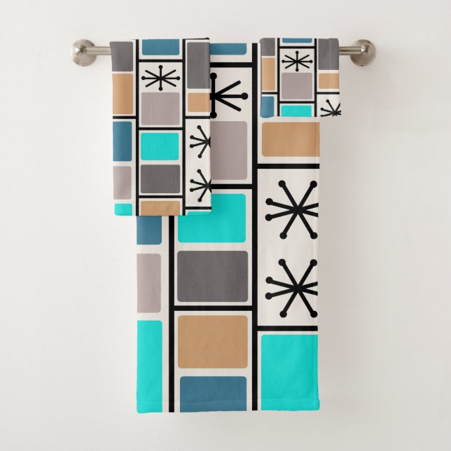 1950s Atomic Age Rectangles Starbursts Bath Towel Set (Insitu)