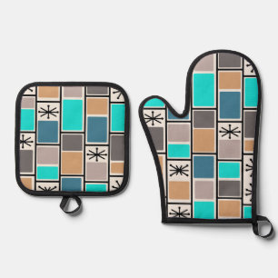 1950s Atomic Age Rectangles Starbursts Oven Mitt & Pot Holder Set