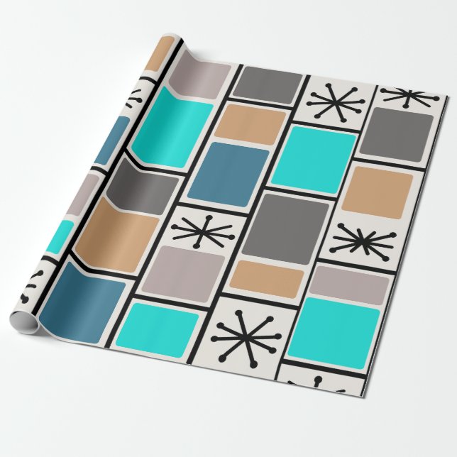 1950s Atomic Age Rectangles Starbursts Wrapping Paper (Unrolled)