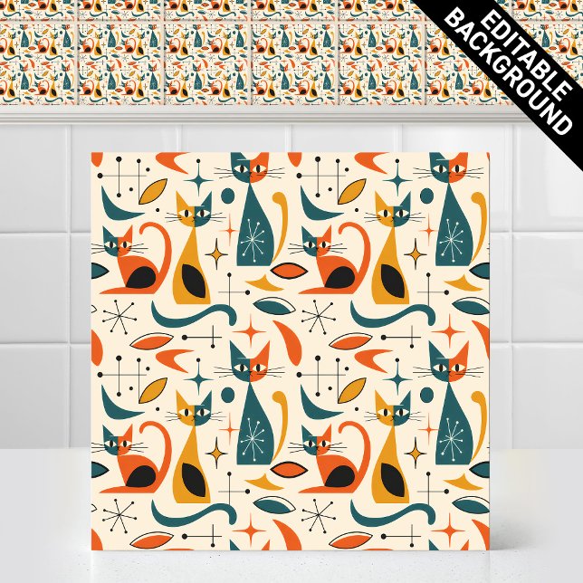 1950s Atomic Mid Century Modern Retro Cats Pattern Tile (Funny Editable Background Vintage 1950s Atomic Mid Century Modern Retro Cats Pattern Ceramic Tile)