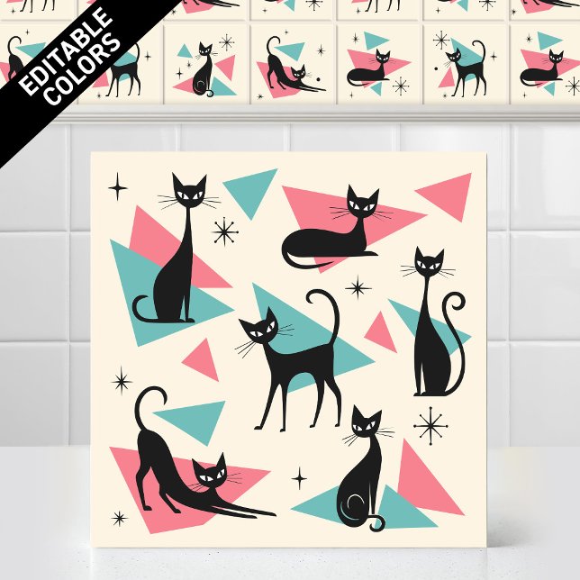 1950s Atomic Retro Cats Colours Fully Editable Tile (Customize this funny and cute 1950s Atomic Retro Cats Colors Fully Editable Ceramic Tile Mural)