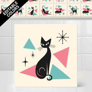 1950s Atomic Retro Sitting Cat Editable Colours Tile