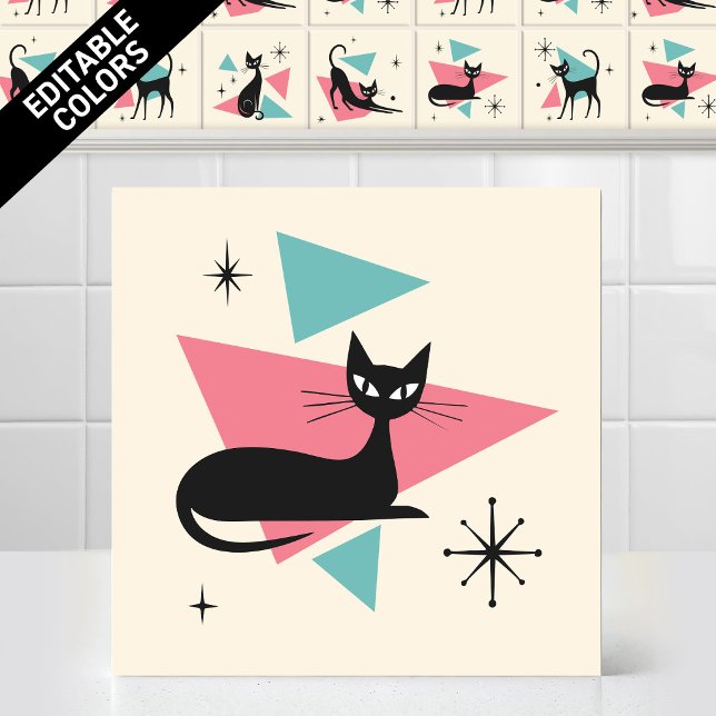 1950s Atomic Retro Sleeping Cat Editable Colours Tile (Customize the colors of thjs funny 1950s Atomic Retro Sleeping Cat Ceramic Tile Editable Mural)