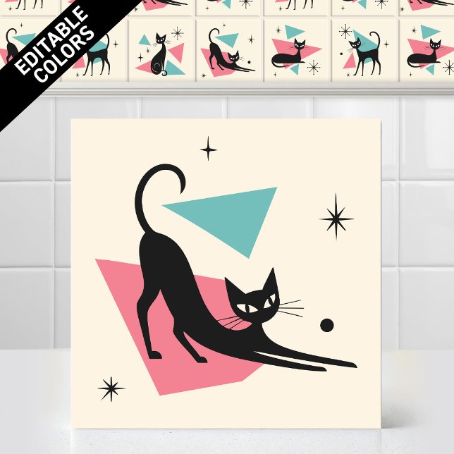 1950s Atomic Retro Stretching Cat Editable Colours Tile (Customize the colors of thjs funny 1950s Atomic Retro Stretching Cat Ceramic Tile Editable Mural)