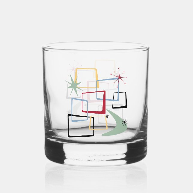 1950s Atomic Squares Stars Boomerang Mid Century Whiskey Glass (Front)
