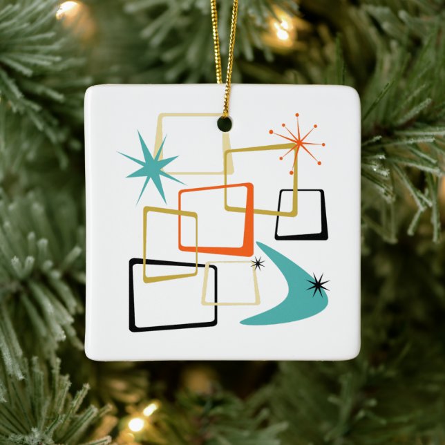 1950s Atomic Squares Stars Boomerang Midcentury Ceramic Ornament (Tree)