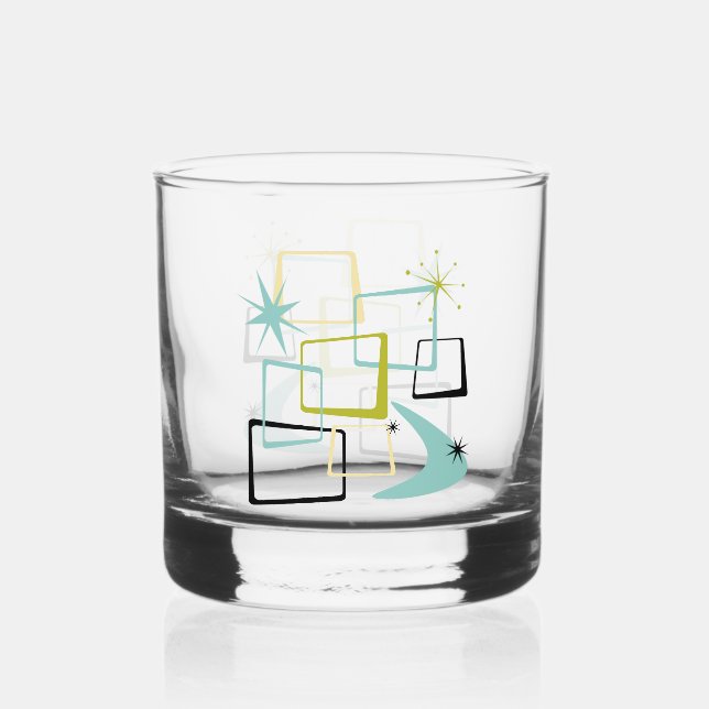 1950s Atomic Squares Stars Boomerang Midcentury Whiskey Glass (Front)
