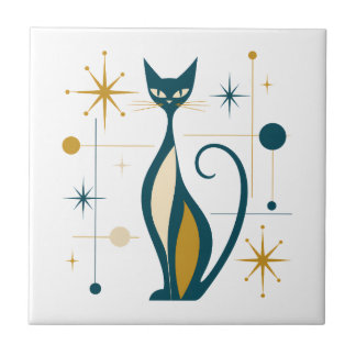 1950s Atomic Stars Mid Century Modern Retro Cats Tile