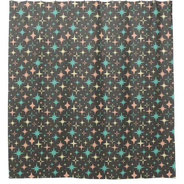 1950s Atomic Stars Pink Blue Yellow Brown MCM Shower Curtain (Front)