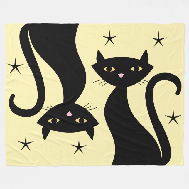 1950s Black Cat, yellow Fleece Blanket (Front (Horizontal))