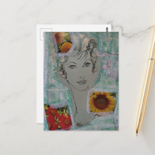 1950s Blue Retro Hair Style Mixed Media Collage Postcard